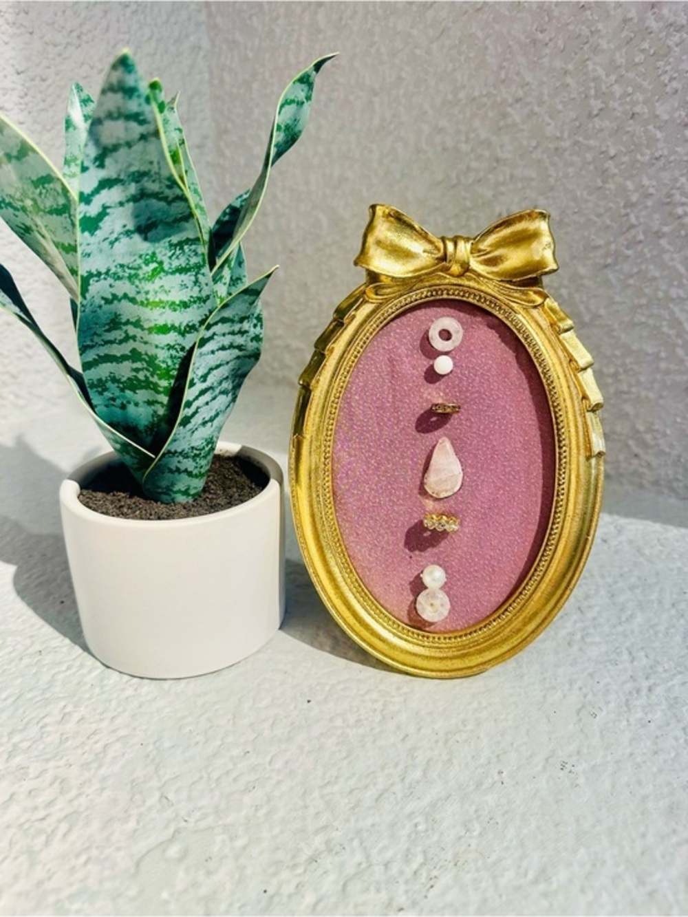 Handmade Mixed Media Shadow Box Art Gold Bow Frame Pink Minimalist Wall Decor